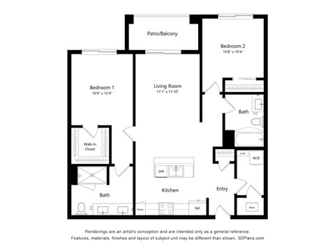 A black and white floor plan of a house with two bedrooms, a living room, a kitchen, a bathroom, a walk-in closet, and a patio/balcony.